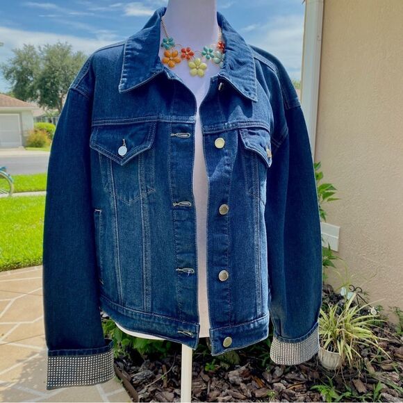REBECCA MINKOFF DARK WASH DENIM JACKET WITH RHINESTONE EMBELLISHED CUFFS XL NWT - Picture 13 of 16